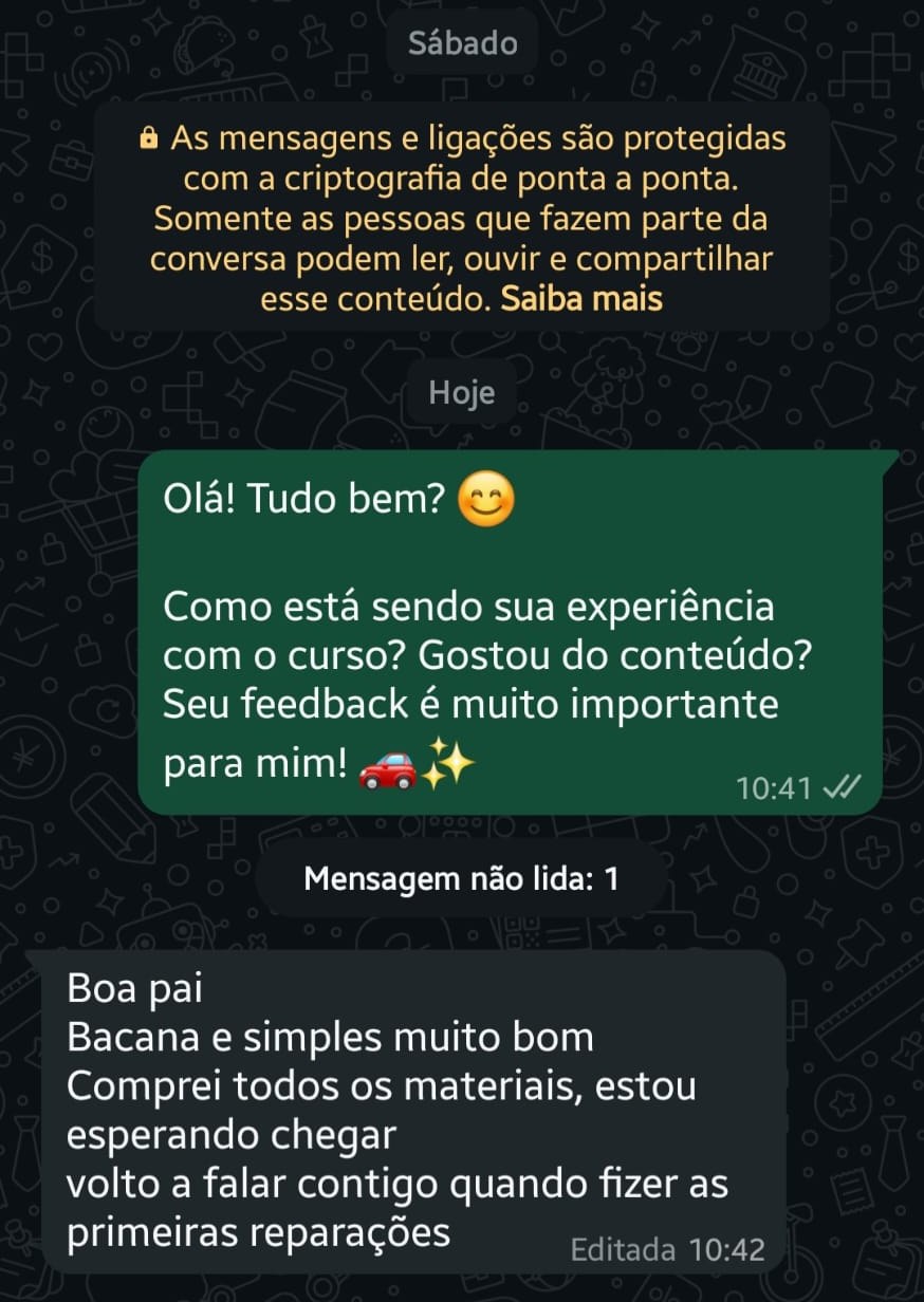 Aluno no WhatsApp: bacana e simples, muito bom; comprei todos os materiais